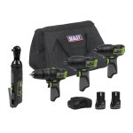 Sealey 4 x SV10.8 Series Cordless Power Tool Kit 10.8V - 2 Batteries & Euro Plug