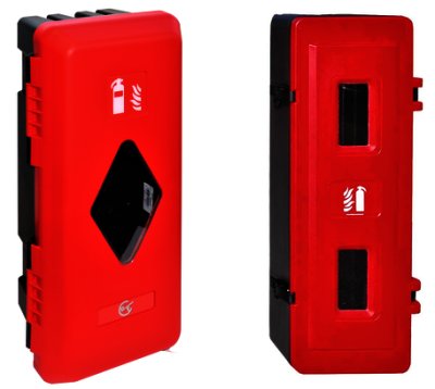 FIRE82030/69/R/B FIRE EXTINGUISHER BOX SUITS 6 or 9kg FRONT LOADING H675 x W310 x D250mm C/W INSPECTION WINDOW RED DOOR / BLACK BODY