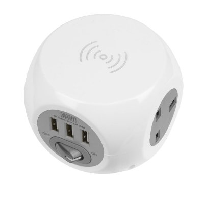 Sealey 1.4m Extension Cable Cube & Wireless Charging Pad 3 x 230V & 3 x USB